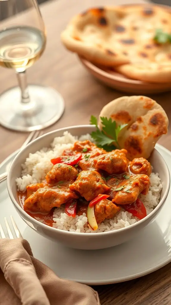 A bowl of Chicken Tikka Masala served over rice with naan on the side.