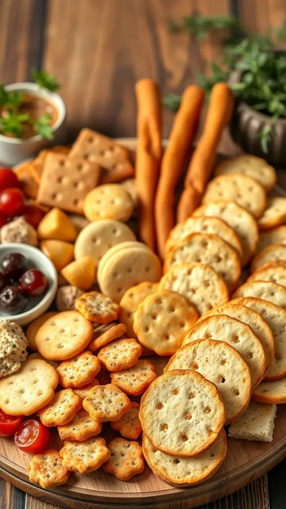 A variety of crackers and breadsticks displayed on a wooden board.