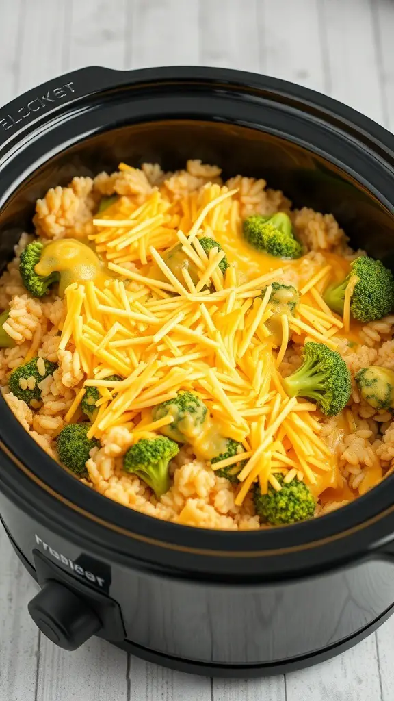 A slow cooker filled with cheesy broccoli and rice casserole topped with shredded cheese and broccoli florets.