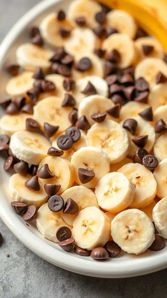 Sliced bananas topped with chocolate chips on a plate