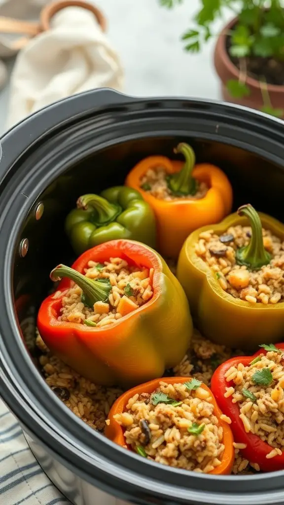 Colorful stuffed bell peppers filled with rice and beans in a cooker.