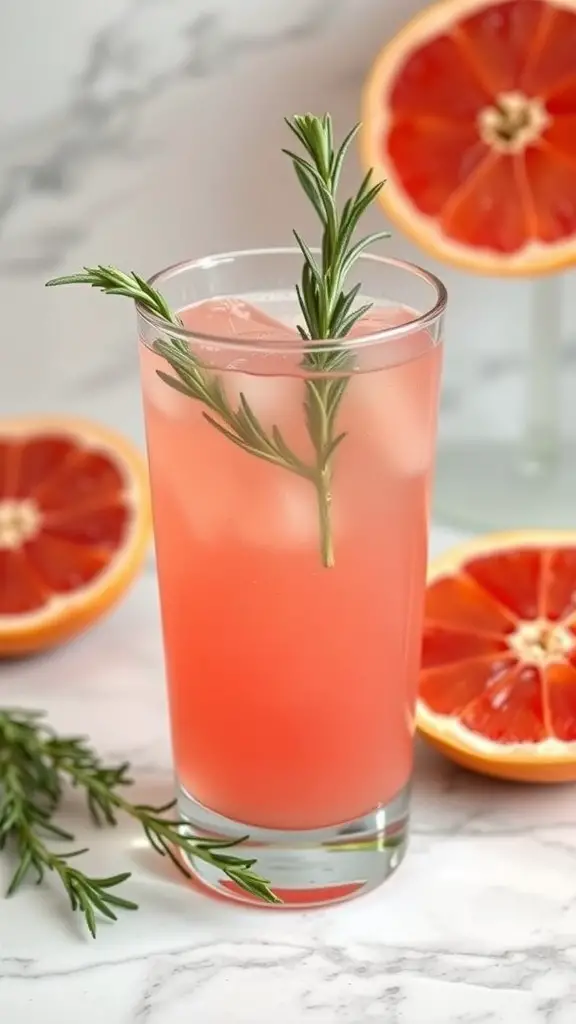 A refreshing grapefruit drink garnished with rosemary, surrounded by grapefruit halves.