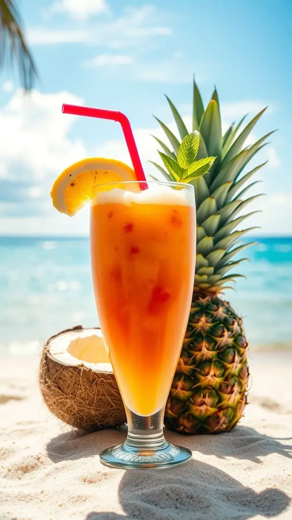 A refreshing Tropical Paradise Smoothie in a tall glass with a lemon slice and mint, next to a pineapple and coconut on the beach.