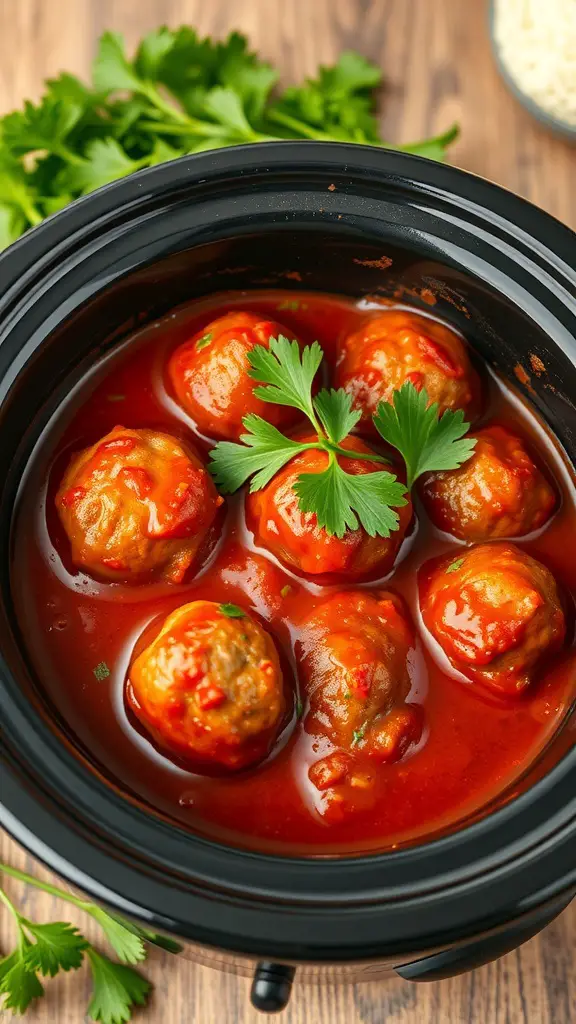 Mini meatballs in marinara sauce in a black crockpot, garnished with parsley.