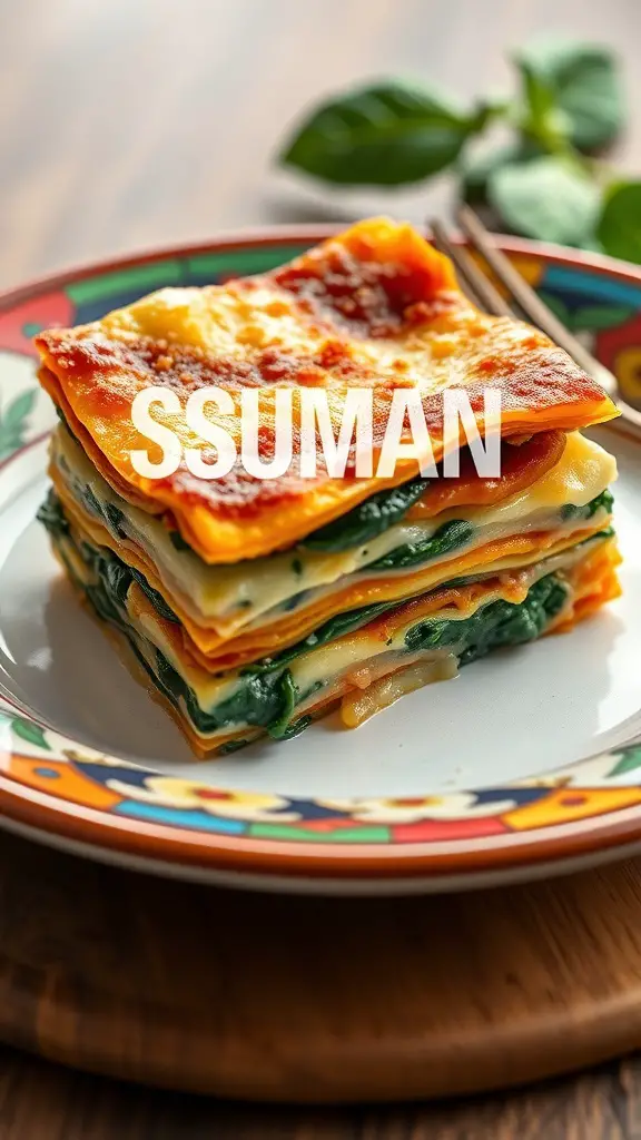 A delicious serving of savory squash and spinach lasagna on a colorful plate.