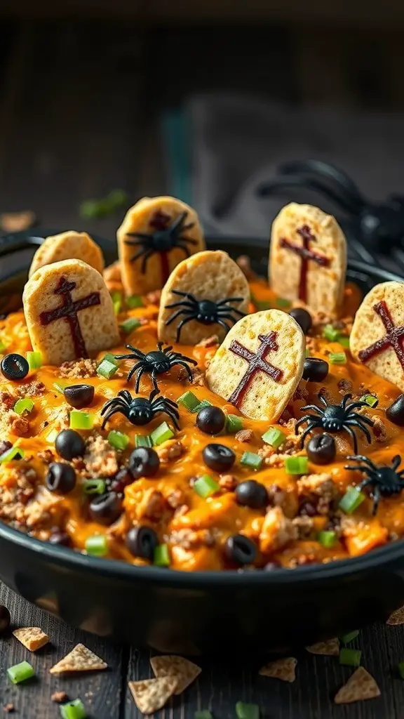 A spooky graveyard taco dip with tombstone-shaped tortilla chips and plastic spiders.