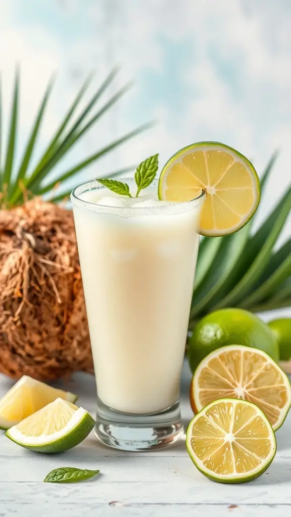 A refreshing Coconut Lime drink garnished with lime slices and mint leaves, surrounded by fresh limes and a coconut.