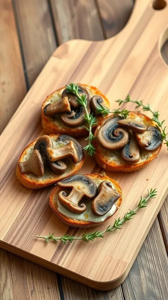 Crostini topped with sautéed mushrooms and thyme on a wooden cutting board