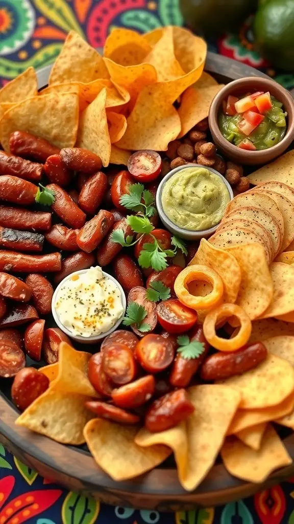A colorful Tex-Mex charcuterie board with tortilla chips, sausages, guacamole, salsa, and garnishes.