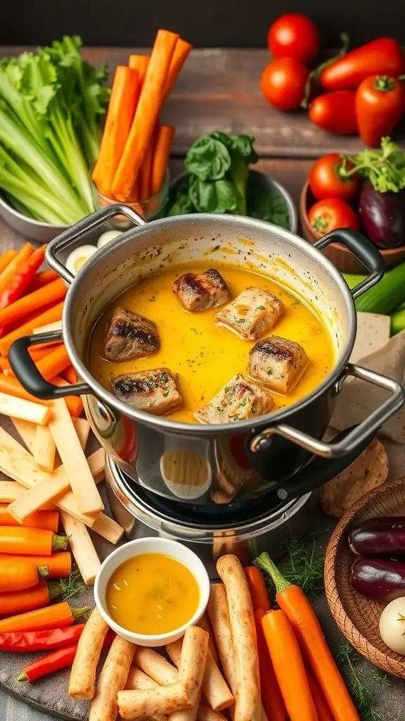 A pot of herbed beef fondue with vegetables and mustard dipping sauce