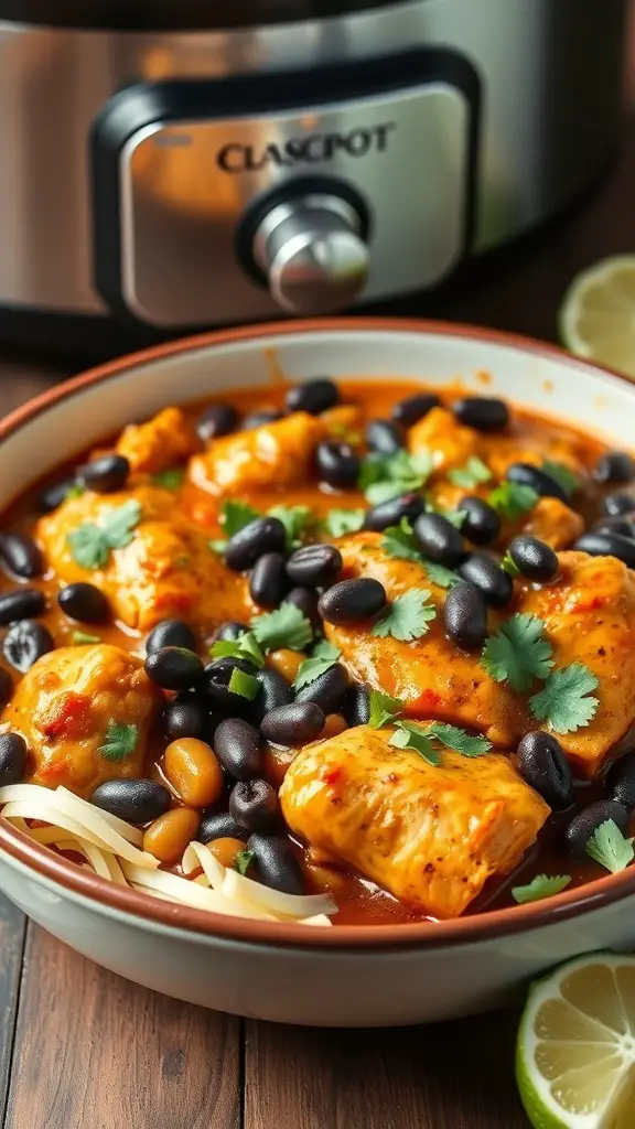 A bowl of chili lime chicken with black beans, garnished with cilantro, next to a crockpot.