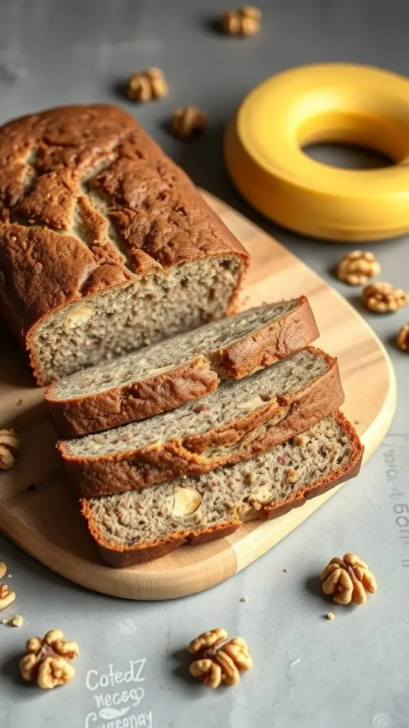 A loaf of fluffy vegan banana bread sliced on a wooden board with walnuts scattered around.