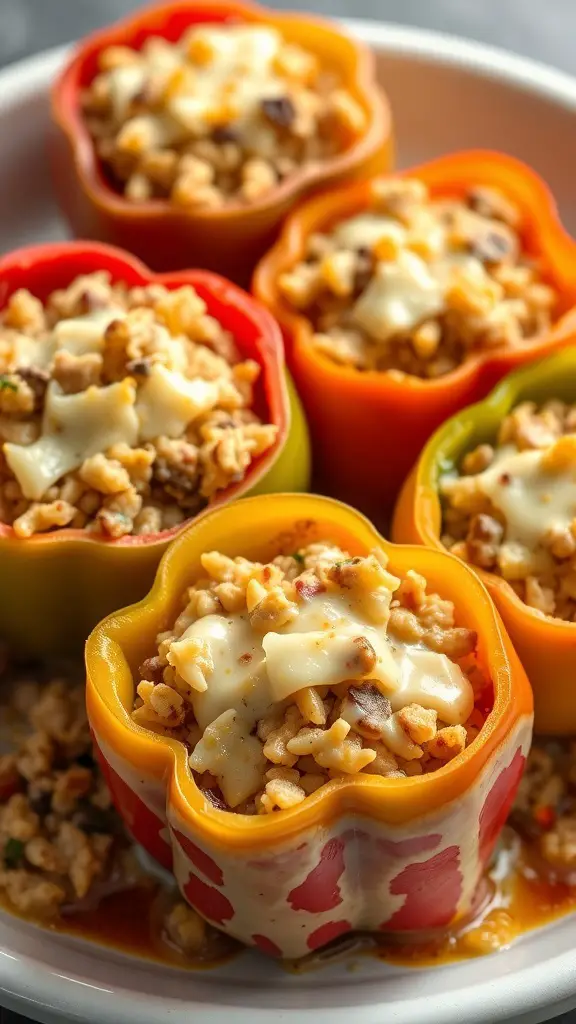 Colorful stuffed bell peppers filled with rice and meat, topped with melted cheese.