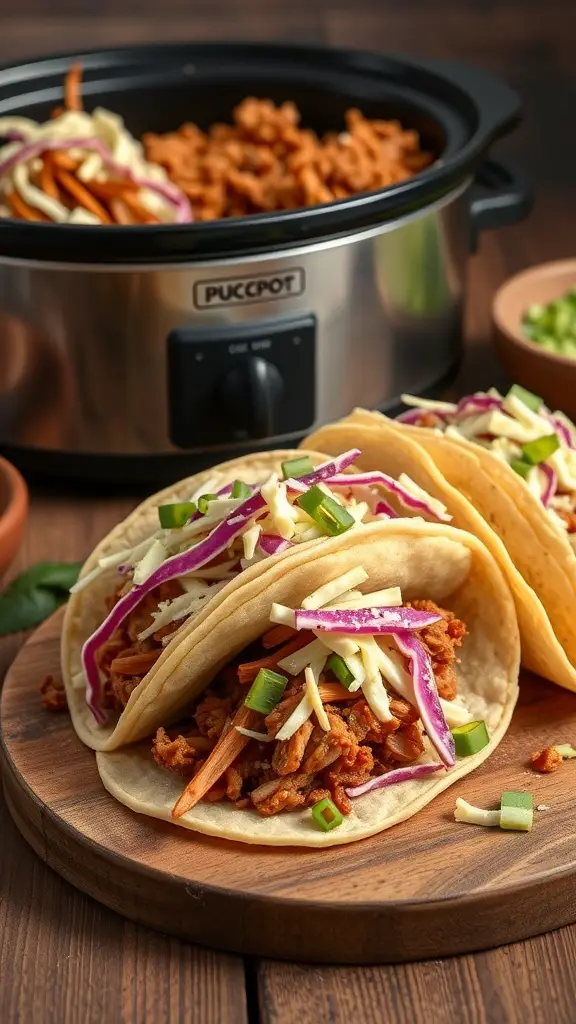 Pulled pork tacos with slaw on a wooden board, with a slow cooker in the background.