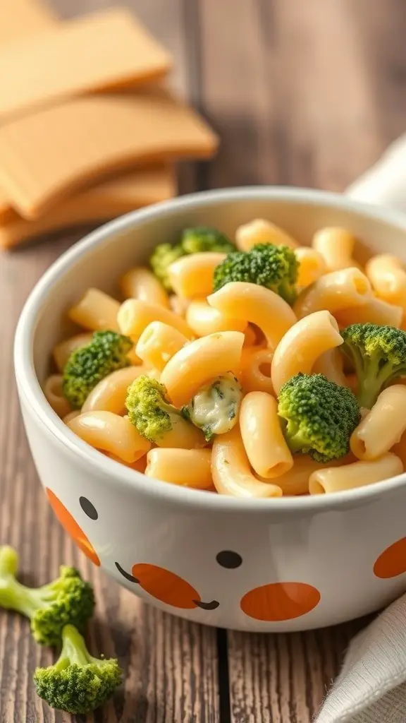 A bowl of macaroni and cheese with broccoli, featuring elbow pasta and bright green broccoli florets.