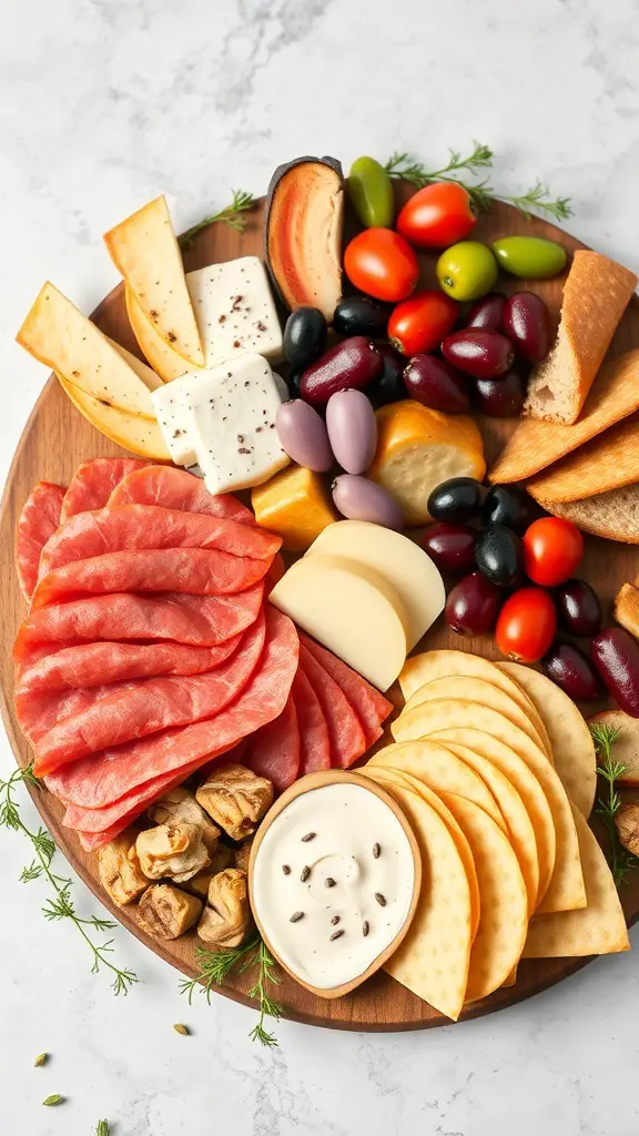 A beautifully arranged charcuterie board featuring meats, cheeses, olives, and fresh produce.