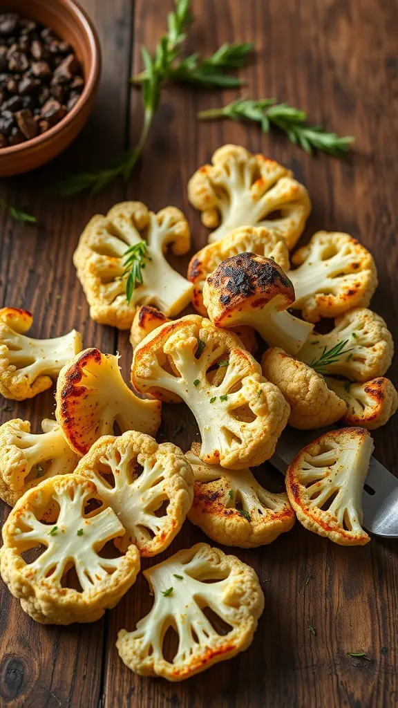 Grilled cauliflower steaks garnished with herbs on a wooden surface.