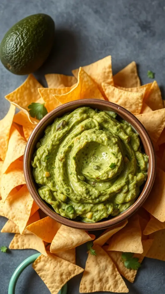 A bowl of homemade guacamole surrounded by tortilla chips on a gray surface.