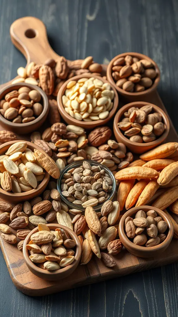 A wooden board filled with various nuts and seeds in small bowls.