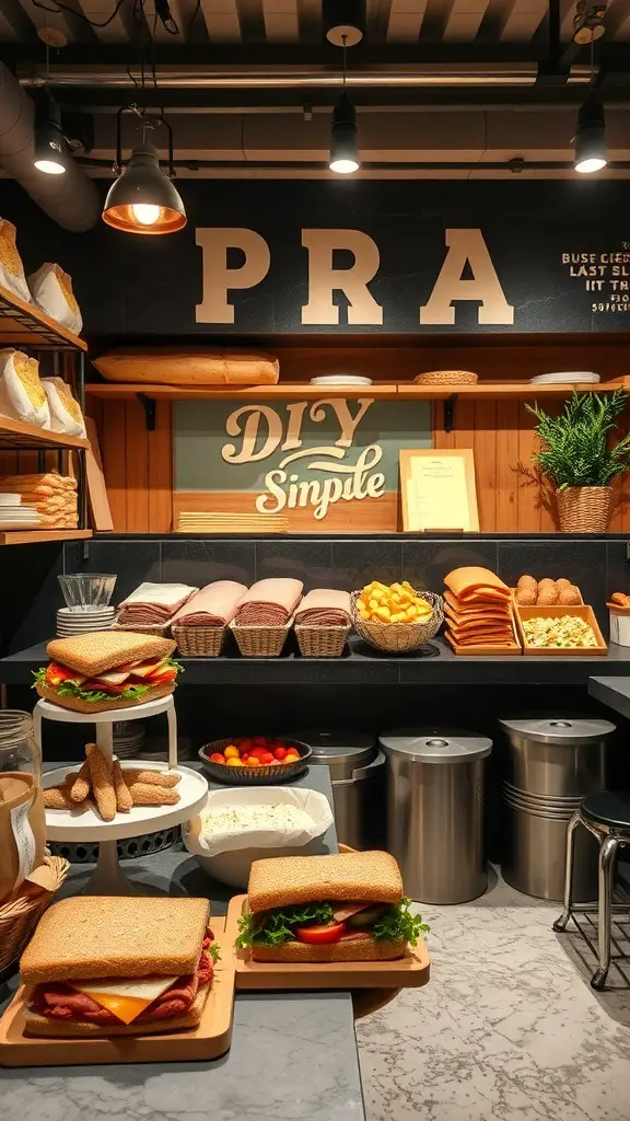 A DIY sandwich bar setup with various breads, meats, cheeses, and toppings.