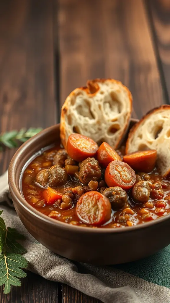 A bowl of spicy sausage and lentil stew with slices of bread on the side.