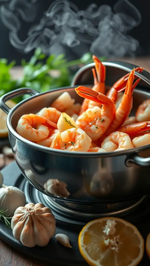 A pot of seafood fondue with shrimp and scallops, surrounded by garlic and lemon slices.