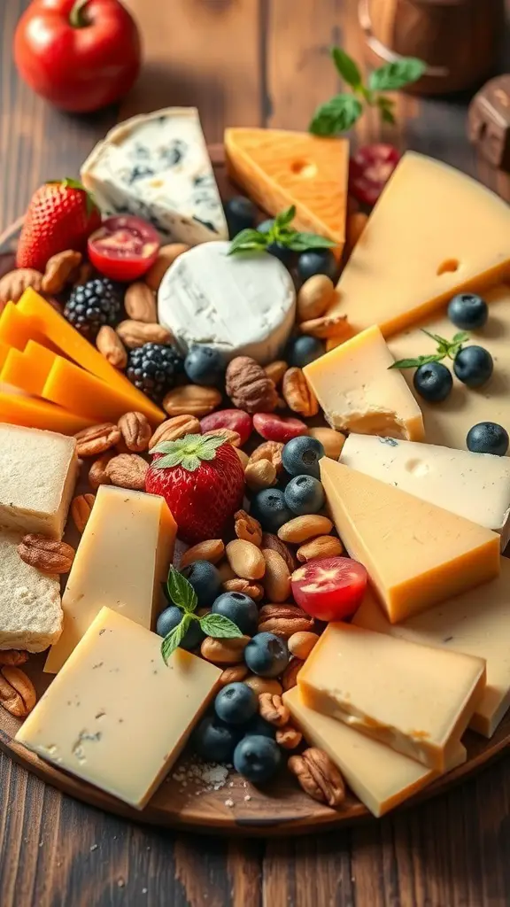 A beautifully arranged cheese platter with various cheeses, fruits, nuts, and crackers.