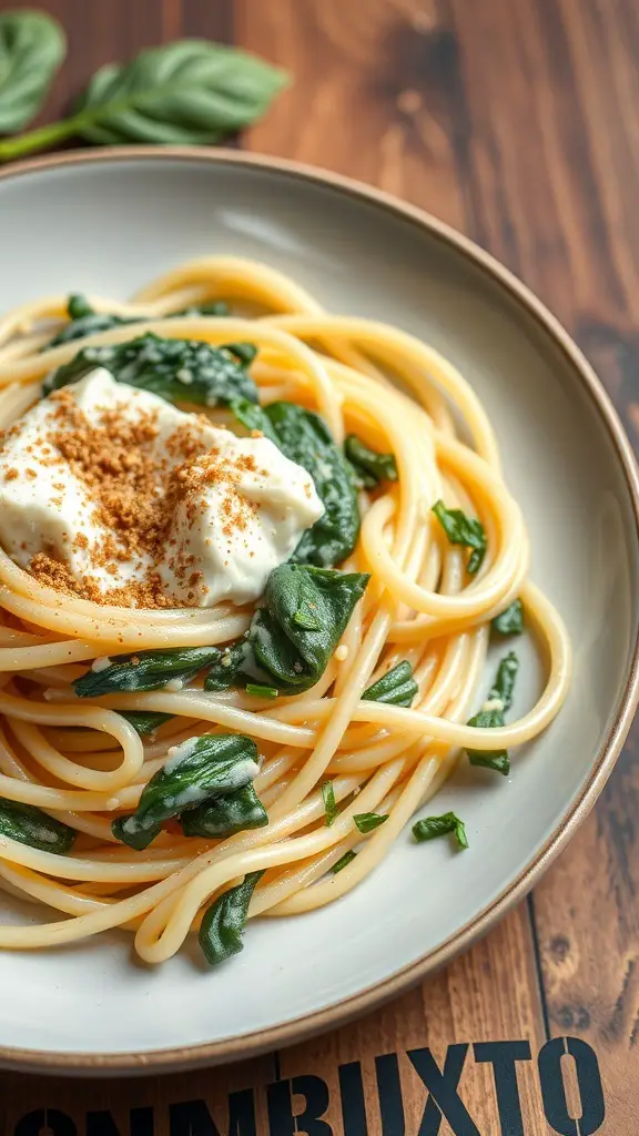 A plate of spaghetti with spinach and ricotta topped with seasoning.
