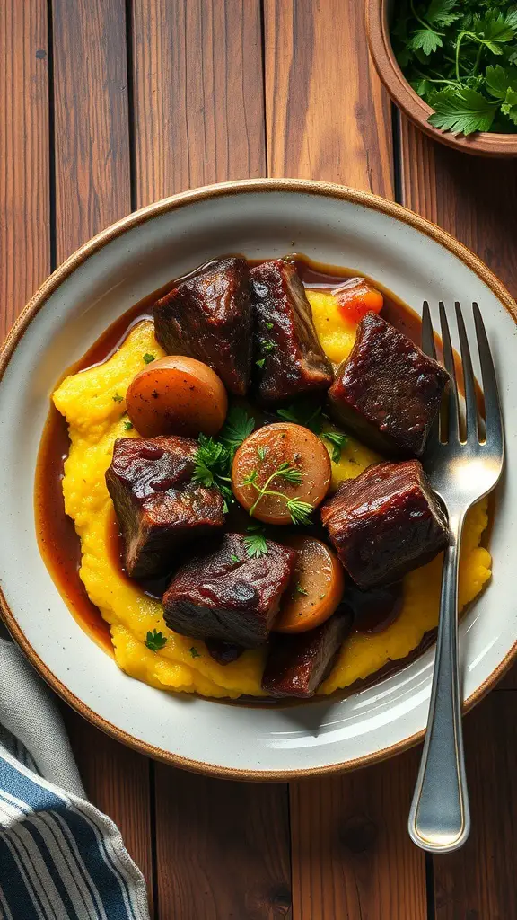 Braised short ribs served on creamy polenta with carrots and herbs