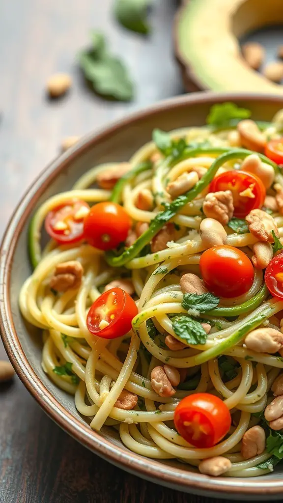 A bowl of zucchini noodles topped with avocado pesto, cherry tomatoes, and pine nuts.