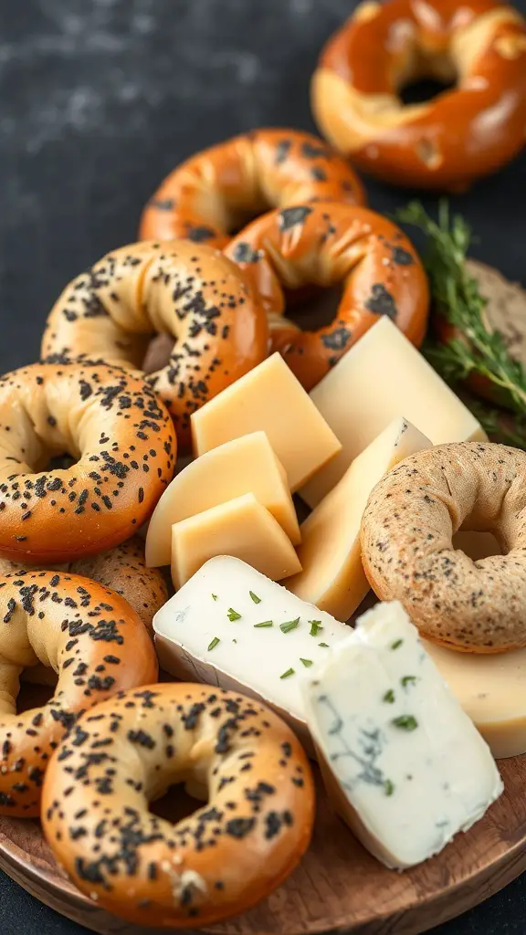 A charcuterie board featuring various bagels and types of cheese.