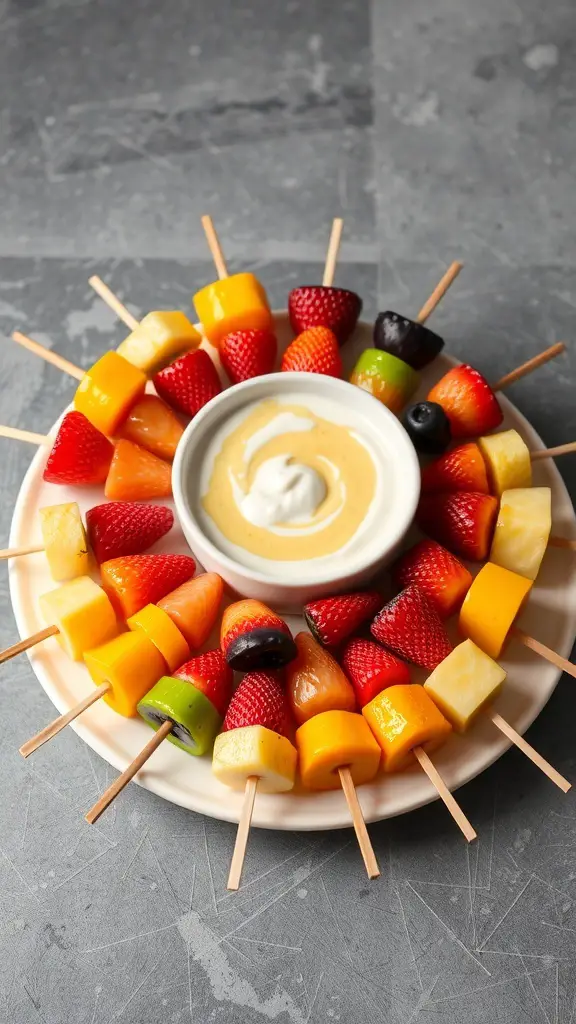 A platter of colorful fruit skewers with a honey yogurt dip in the center.