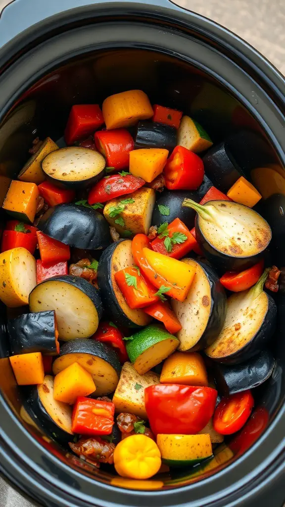 A slow cooker filled with colorful autumn vegetables including eggplant, bell peppers, zucchini, and squash.