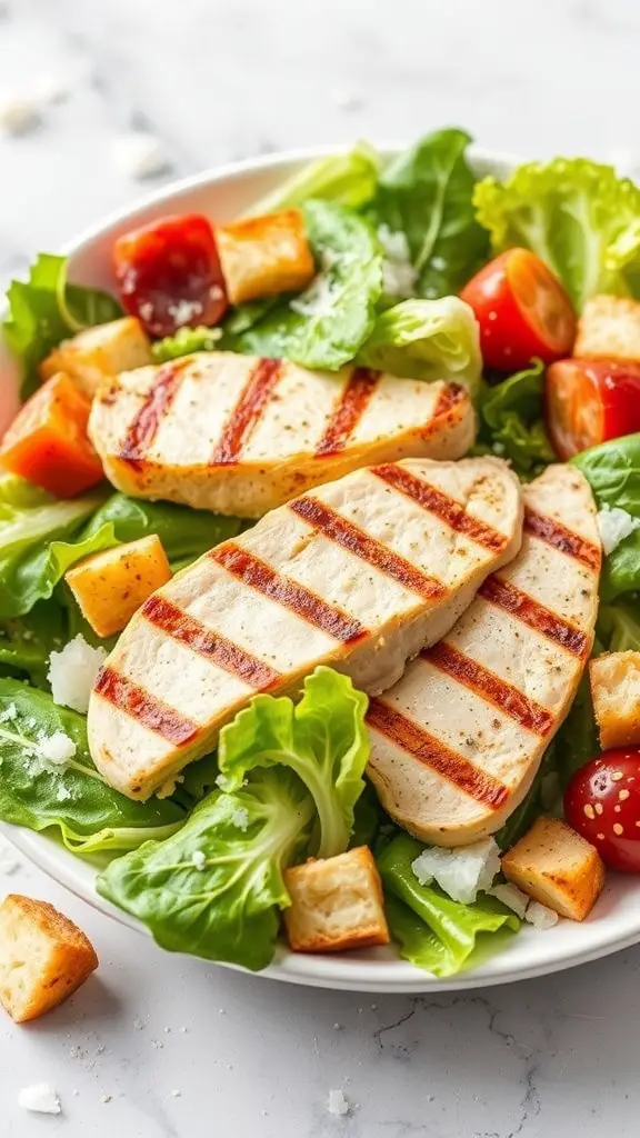 A delicious Grilled Chicken Caesar Salad with grilled chicken, romaine lettuce, cherry tomatoes, and croutons.