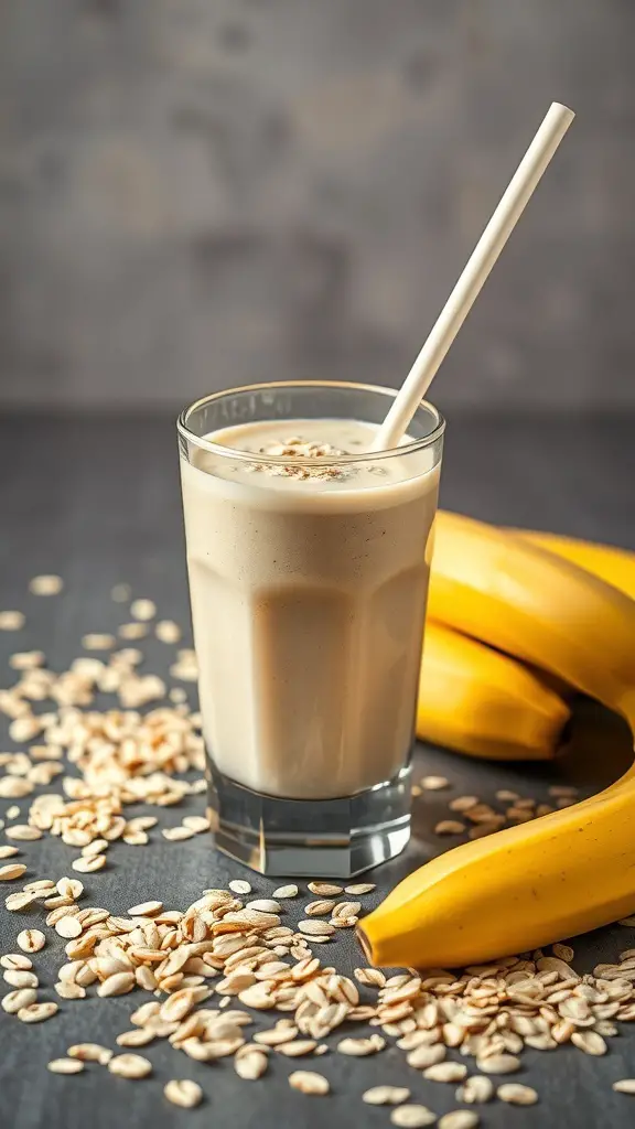 A creamy banana oatmeal smoothie in a glass with a straw, surrounded by oats and bananas.