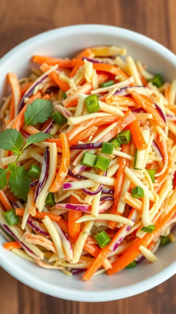 A bowl of colorful sweet and sour coleslaw with shredded vegetables.