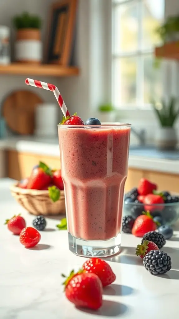 A refreshing berry protein smoothie in a glass with a striped straw, surrounded by fresh berries.