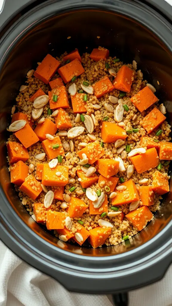 A close-up view of sweet potato and quinoa casserole in a crockpot, featuring orange sweet potato cubes, fluffy quinoa, and sprinkled nuts.