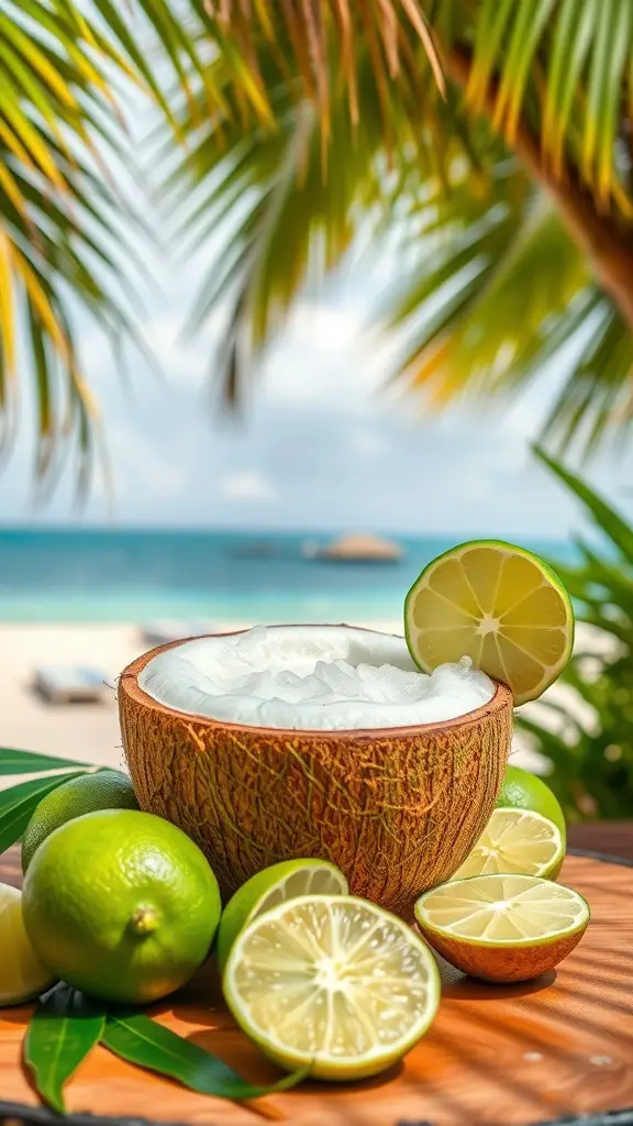 A refreshing coconut filled with coconut milk and lime slices, set against a beach backdrop.