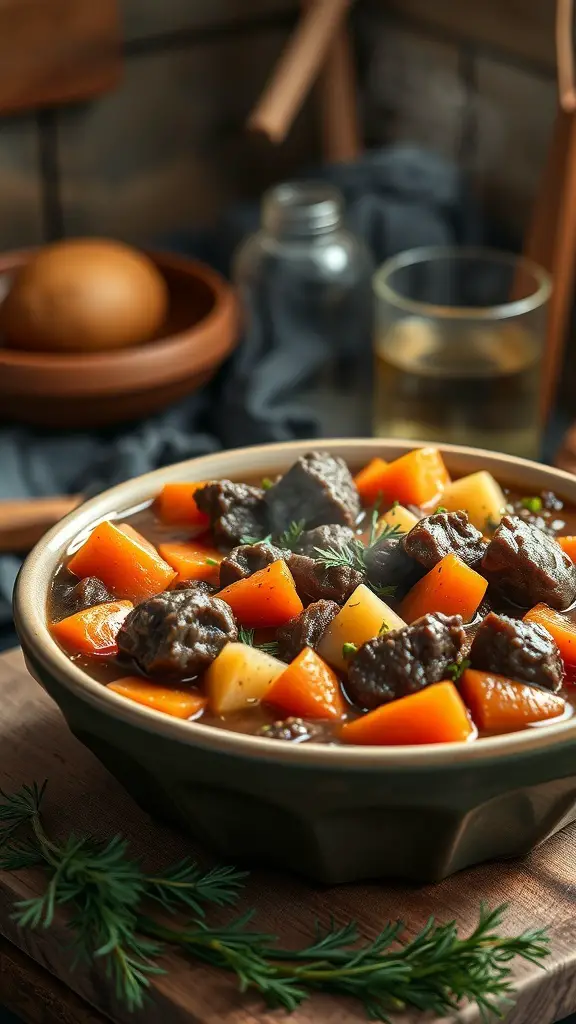 A bowl of hearty beef stew with root vegetables, including carrots and potatoes, set on a wooden surface.