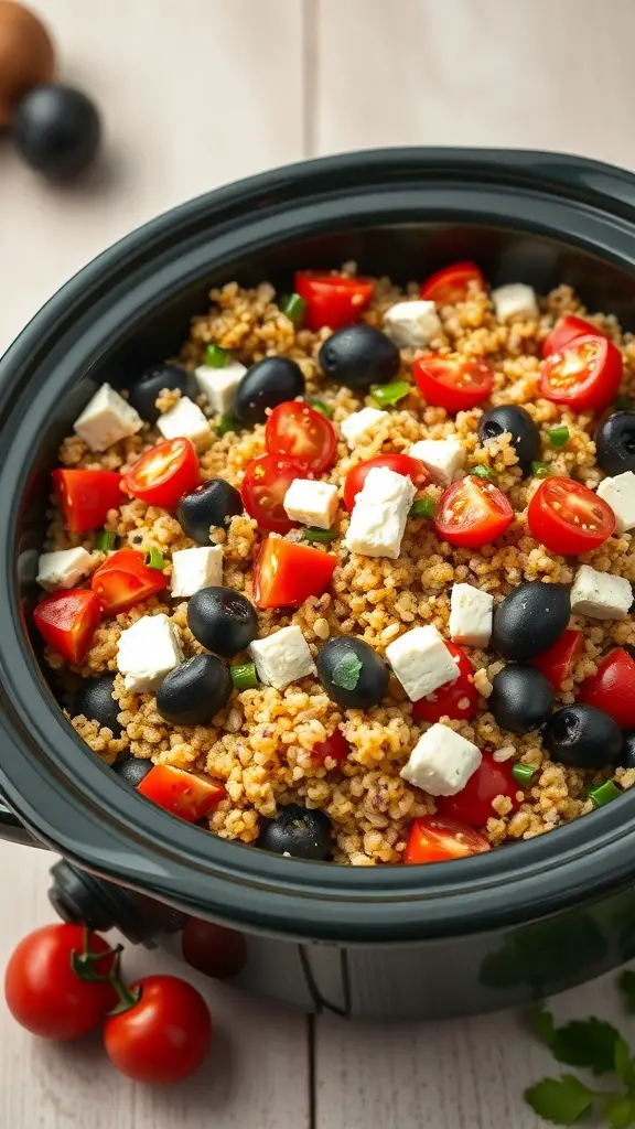 A close-up of Mediterranean Quinoa Salad in a crockpot, featuring quinoa, cherry tomatoes, black olives, and feta cheese.