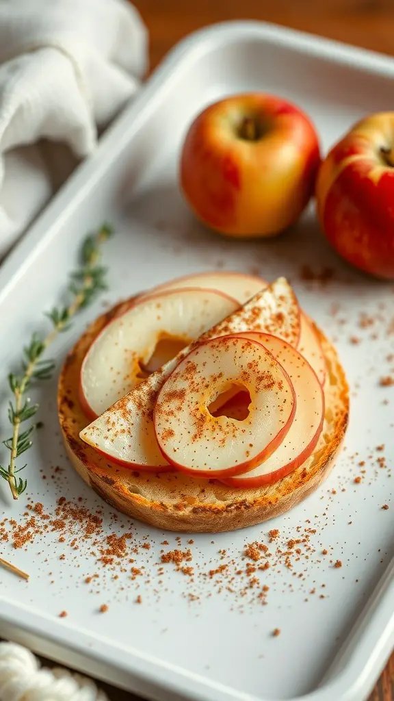 A slice of bruschetta topped with apple slices and brie cheese, sprinkled with cinnamon, alongside fresh apples.
