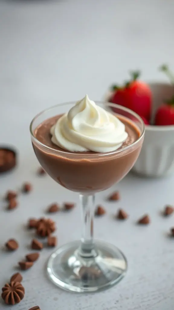 A glass of chocolate mousse topped with whipped cream, surrounded by chocolate chips and fresh strawberries.