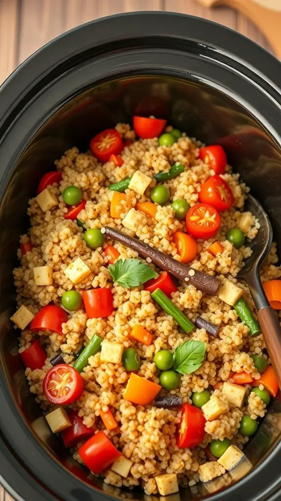 A close-up of Mediterranean quinoa and vegetable medley in a slow cooker, featuring colorful vegetables and quinoa.
