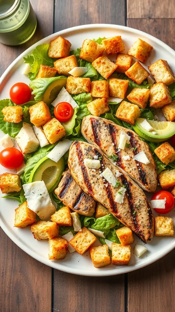 A plate of Grilled Chicken Caesar Salad with grilled chicken, croutons, lettuce, cherry tomatoes, and dressing.
