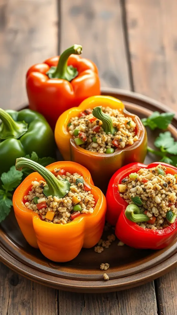 Colorful stuffed bell peppers filled with quinoa and vegetables on a wooden plate.