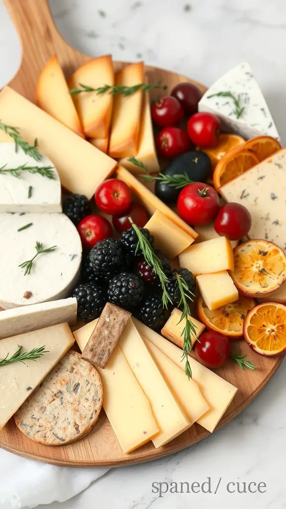 A wooden charcuterie board filled with various artisanal cheeses, fresh fruits, and herbs.