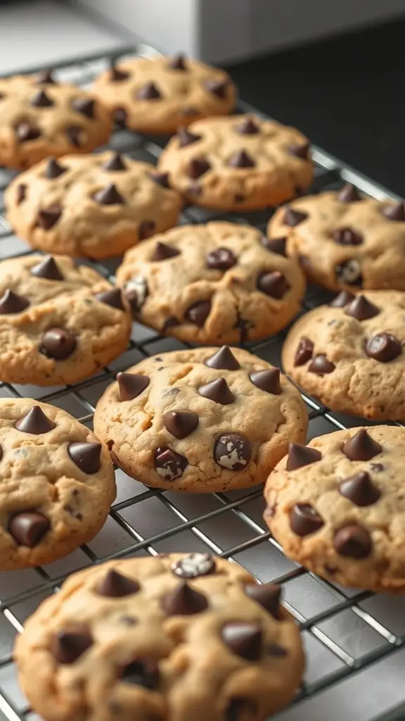 Freshly baked chocolate chip cookies cooling on a wire rack