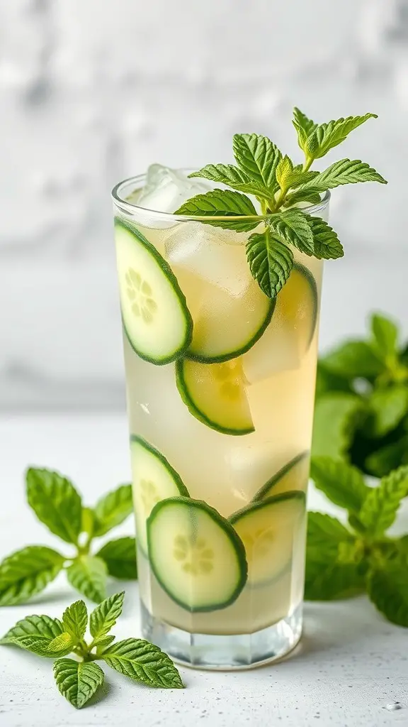 A refreshing cucumber mint drink served in a tall glass with ice and mint leaves.
