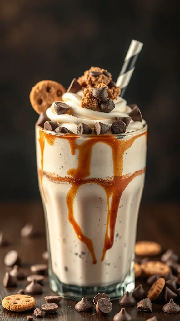 A delicious Chocolate Chip Cookie Dough Shake topped with whipped cream, cookie pieces, and chocolate chips.